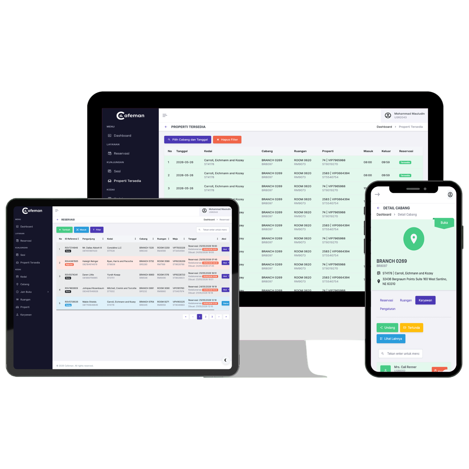 Tampilan aplikasi POS Cafeman di laptop, tablet, dan smartphone untuk mendukung operasional restoran dan kafe secara multiplatform
